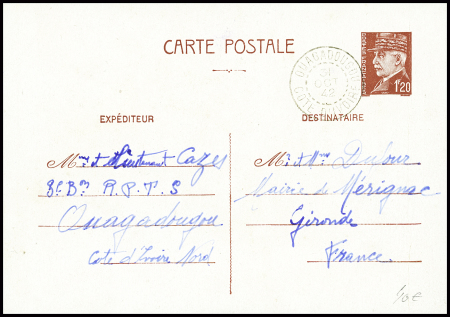 Entier CP 1F20 Pétain obl CAD "Ouagadougou Côte d'Ivoire" (1942). TB