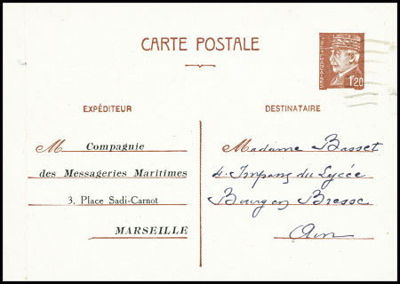 Entier CP 1F20 Pétain avec au verso repiquage des messageries maritimes de Marseille : message radio reçu de saïgon. TB