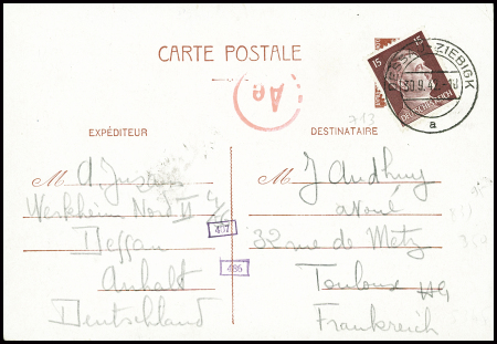 Allemagne n°713, 15PF Hitler obl Dessau-Ziebick (1942) recouvrant la figurine 1F20 Pétain. TB