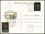 Entier CP 1F20 Pétain surchargé "FM" en mixte avec Levant n°47 obl grand CAD à pont "Poste aux armées FFL BCM 1" (1943 - Beyrouth) avec vignette anti-nazie "Libérons la France". TB
