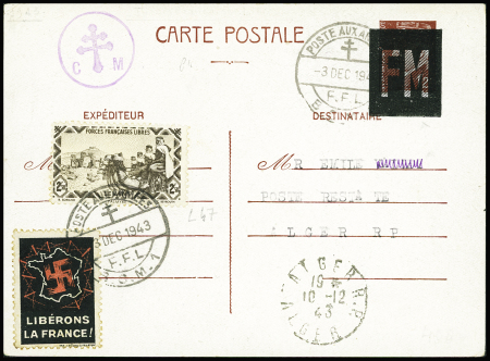 Entier CP 1F20 Pétain surchargé "FM" en mixte avec Levant n°47 obl grand CAD à pont "Poste aux armées FFL BCM 1" (1943 - Beyrouth) avec vignette anti-nazie "Libérons la France". TB