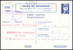 Entier CP 5F bleu Salon du prisonnier adressé à l'oflag VIIIC avec griffe rouge "Aumonier Jean Rhodain aumonerie des prisonniers de guerre 2 rue Leneveux Paris X" (1942). TB