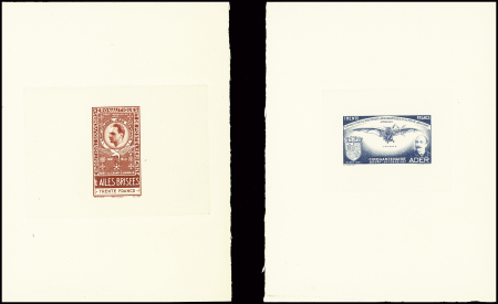 2 épreuves de luxe vignettes 30F bleu cinquantenaire Ader et 30F rouge Dagnaux Ailes brisées". TB
