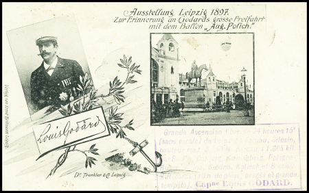 Carte postale de l'exposition de Leipzig 1897 avec cachet ovale violet de la station aérienne du ballon captif et CAD de Tarnau (21.10.97)
