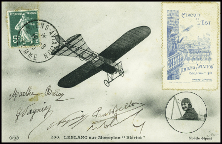 N°137 obl CAD rond "Amiens - aviation Somme" (16.8.1910) sur CP "Leblanc sur monoplan Blériot" avec vignette bleue du meeting. TB