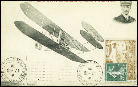 N°137 obl mec "Port-aviation Seine et Oise" (17.10.09) sur porte-timbre bistre du meeting sur carte postale "De Lambert sur biplan Wright-Ariel vire au pylone". TB