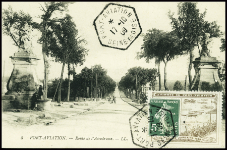 N°137 obl hex "Port aviation Seine et Oise" (17.10.09) sur porte-timbre brun du meeting sur carte postale "Port-aviation - route de l'aérodrome". TB