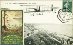 N°137 obl hex "Le Havre aviation Seine-INFre" (30.8.10) sur carte postale "Havre-aviation vue générale" avec grande vignette polychrome "Grande quinzaine d'aviation de la baie de Seine"