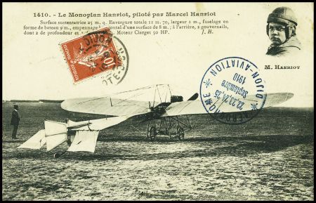 N°138 obl Dijon (24.9.10) sur carte postale "le monoplan Hanriot, piloté par Marcel Hanriot" avec cachet privé bleu "Aérodrome Dijon - aviation 22,23,24,25 septembre 1910" sur carte postale