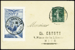 N°137 obl CAD "Nice aviation meeting 1910" sur une petite lettre avec vignette bleue du meeting. TB