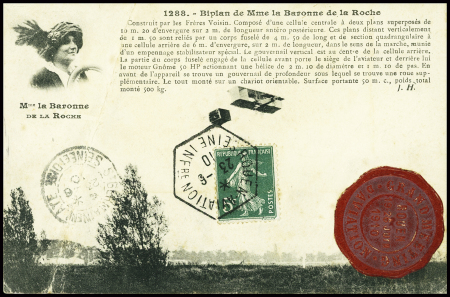N°137 obl hex "Rouen aviation Seine INFre" (1910) sur carte postale "Biplan de Mme la baronne de la Roche" avec sceau rouge du meeting. TB