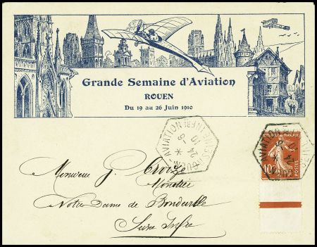 N°138 obl hex "Rouen aviation Seine INFre" (24.6.10) sur env illustrée "Grande semaine d'aviation Rouen du 19 au 26 juin 1910". Jolie pièce