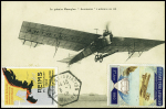 Carte postale "Le premier monoplan Antoinette à ailerons en vol" avec 2 vignettes (aigle en vol et champagne Ruinart) et CAD hex "Betheny aviation Marne" (6.7.10). TB