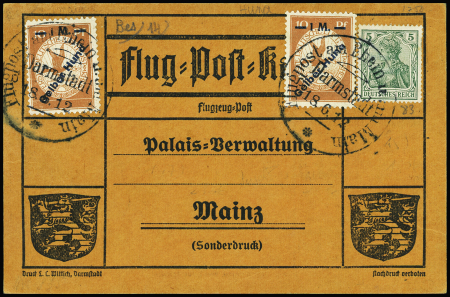 Allemagne n°83 + 2 vignettes orange surchargées "1M Gelber Hund" obl grand CAD u vol de Darmstadt (18.6.12) sur carte spéciale orange pour Mayence. TB