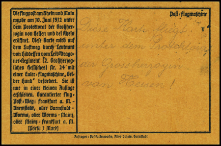 Allemagne n°83 + 2 vignettes orange surchargées "1M Gelber Hund" obl grand CAD u vol de Darmstadt (18.6.12) sur carte spéciale orange pour Mayence. TB