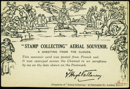 Carte par avion "Stamp collecting aerial souvenir" pour Londres avec CAD "Field post office S.20" affr. N°138 obl Paris 8 (4.3.1919), rare et TB