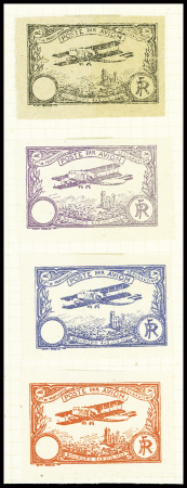 Meeting de Bourges 1922 : 4 timbres semi-officiels du meeting, non dentelés sans valeur indiquée + bloc de 8 ND en noir sans valeur indiquée. TB