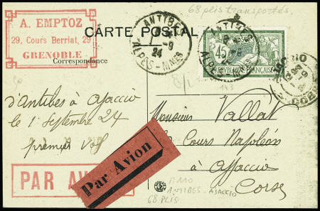 N°143 obl Antibes (1.9.24) sur carte postale du vol par hydravion Antibes - Ajaccio. 68 plis existants (Muller n°110). TB