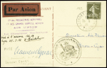 N°193 obl Bourget Aviation (25.5.26) sur carte postale Paris-Lyon par Air Union avec griffe violette et signature du ministre de l'air Laurent Eynac (Muller n°138). 15 plis existants