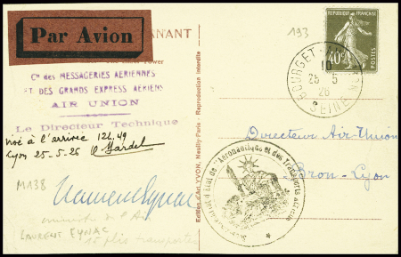 N°193 obl Bourget Aviation (25.5.26) sur carte postale Paris-Lyon par Air Union avec griffe violette et signature du ministre de l'air Laurent Eynac (Muller n°138). 15 plis existants
