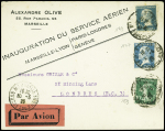 N°159 + 177 + 179 obl Marseille (30.5.26) sur lettre pour Londres avec mention imprimée "Inauguration du service aérien Marseille-Lyon Paris-Londres - Genève" (Muller n°141 - 50 plis existants)