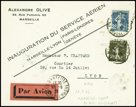 Idem mais Marseille-Lyon AFF n°140 + 193 obl Marseille (30.5.26) sur lettre avec mention imprimée "Inauguration du service aérien Marseille-Lyon Paris-Londres - Genève"