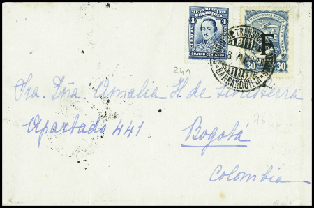Colombie n°241 + TP aviation SCADTA 30c bleu surchargé "F" obl Barranquilla (18.6.1928) sur lettre pour Bogota avec arrivée. TB