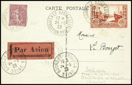 N°202 obl CAD "Le Havre exposition Phil Inter" (24.5.29) sur carte postale par avion Le Havre - Paris avec arrivée Bourget Aviation (24.5.29) (10 ex existants). TB