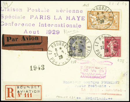 N°145 + 237 + 238 obl Le Bourget (22.8.29) sur lettre recommandée avec griffe violette "Liaison postale aérienne spéciale Paris La Haye conférence internationale aout 1929"