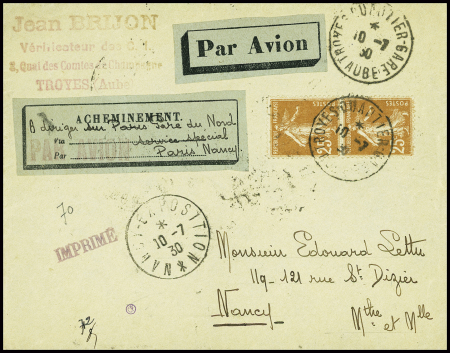 N°235 en paire obl Troyes (10.7.30) sur lettre avec étiquette d'acheminement bleue "acheminement - à diriger sur Paris Gare du Nord service spécial Paris-Nancy" et CAD d'arrivée