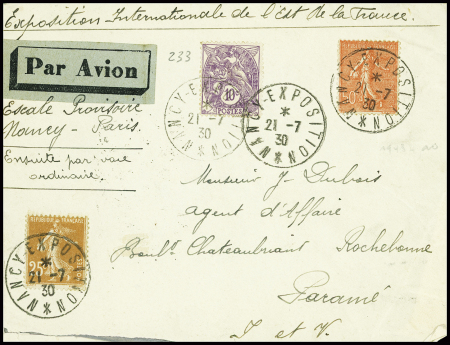 N°233 + 235 + 199 obl CAD "Nancy-exposition" (21.7.1930) sur lettre avec mention manuscrite "Escale provisoire - Nancy-Paris". TB