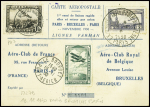 PA6 + Belgique ¨PA n°2 + vignette verte de l'expo EIPA sur carte postale spéciale (2 fanions) 1er essai de liaison rapide Paris - Bruxelles - Paris lignes Farman (19.11.1930 - Muller n°279)
