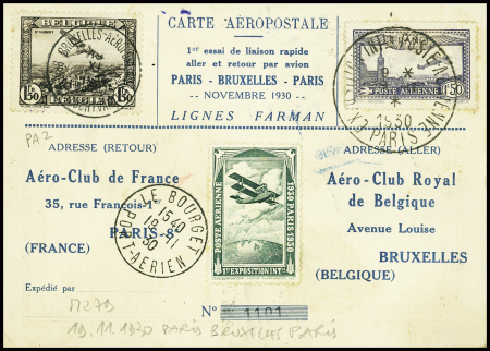 PA6 + Belgique ¨PA n°2 + vignette verte de l'expo EIPA sur carte postale spéciale (2 fanions) 1er essai de liaison rapide Paris - Bruxelles - Paris lignes Farman (19.11.1930 - Muller n°279)