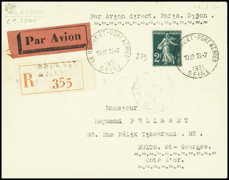 N°239 obl horoplan "Le Bourget port aérien Seine" (29.7.31) sur lettre recommandée avec mention dactyl. "par avion direct Paris-Dijon" (vol d'essai de la Cie Star). TB