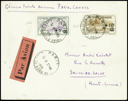 N°166 + 167, Orphelins surchargés obl CAD horoplan "Paris gare du Nord avion" (17.8.31) sur lettre avec mention manuscrite "1ère liaison postale aérienne Paris - Cannes"