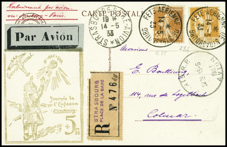 N°235 + 286 obl CAD "Fête aérienne de Strasbourg (14.5.33) sur carte postale  recommandée par avion. TB