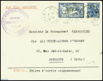 N°123 + 257 obl CAD "PLM Etranger" (5.8.29) sur lettre pour Beyrouth avec cachet violet "Ligne aérienne Marseille, Naples, Athènes, Syrie - premiers courriers postaux réguliers"