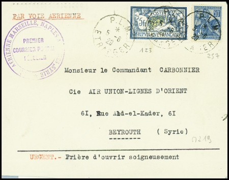 N°123 + 257 obl CAD "PLM Etranger" (5.8.29) sur lettre pour Beyrouth avec cachet violet "Ligne aérienne Marseille, Naples, Athènes, Syrie - premiers courriers postaux réguliers"