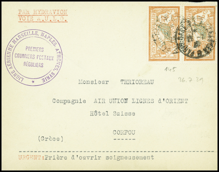 N°145 en paire obl CAD "Paris gare PLM etranger B" (26.7.29) sur lettre pour Corfou avec cachet violet "Ligne aérienne Marseille, Naples, Athènes, Syrie - premiers courriers postaux réguliers"