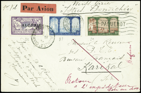 Algérie n°32 + 83 + 51 obl mec Marseille gare paquebot sur lettre pour Karikal (Inde) avec au verso Inde n°60 + 62 + 63 obl Karikal avec cachets du vol retour Girier - Weiss Pondichery