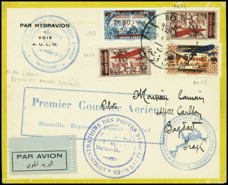 Liban n°113 + PA24, 2 pièces + PA28 obl Beyrouth sur env à bordures jaunes "Par hydravion voie AULO" avec cachet rect bleu "Premier courrier aérien Marseille - Beyrouth - Damas - Bagdad"