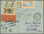 Indochine n°106 + 111 + 133 + 143 + Canton n°79 obl Saïgon (19.11.30) sur lettre pour la France avec griffe bleue "retour raid Goulette Lalouette" et signature de Goulette (M42 Indochine)