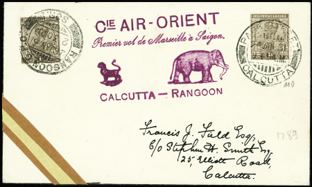 25.1.1931 Calcutta - Rangoon par Noguès avec cachet lilas illustré d'un éléphant et d'un tigre (Muller n°89 Inde britannique). TB