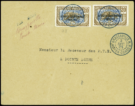 Congo n°98, 2 pièces obl Brazzaville RP (3 dec 25) sur lettre avec petite griffe "Par avion Brazzaville - Pointe noire" avec arrivée même jour