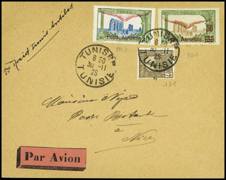 Tunisie n°131 + PA1 + PA2 obl Tunis RP Tunisie (30.11.26) sur lettre par avion avec mention manuscrite "1er raid Tunis Antibes" (Muller n°165a Tunisie) (1ère liaison par hydravion)