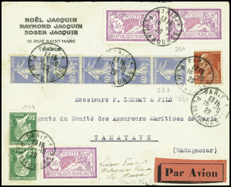 N°237, bande verticale de 7 + 243 + 240 3 pièces + 274 en paire obl Paris (16.10.1929) sur lettre pour Tamatave avec arrivée 30 oct (17/27. 10. 29) raid Paris - Tananarive par Goulette