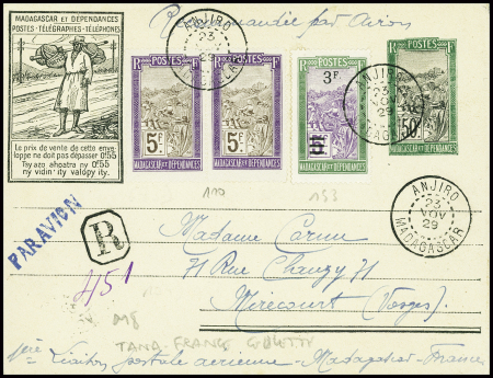Madagascar n°110 en paire + 143 obl "Anjiro Madagascar" (23 nov 29) sur env entier postal recommandée 50c vert et noir (raid retour Madagascar France accidenté à Juan de Nova (Goulette))
