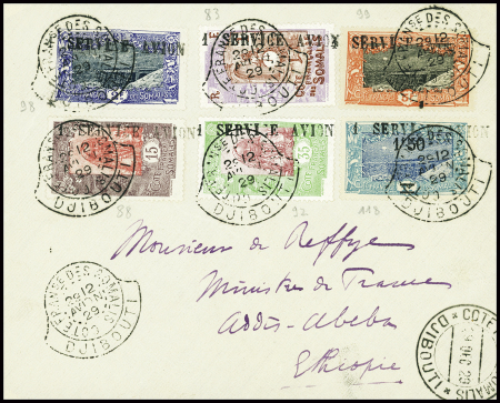 Cote des Somalis n°83 + 98 + 99 + 88 + 92 + 118 avec surcharge "1er service avion" obl CAD à collerette de Djibouti (29.12.1929). 1er service Djibouti - Addis Abeba