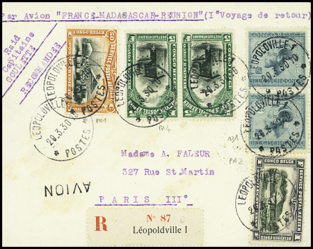 Congo Belge n°131 en paire + PA1 + PA2 + PA4 en paire obl Leopoldville (20.3.30) sur lettre recommandée pour Paris (arrivée 3.5.1930) par Goulette (Muller n°21 Congo Belge). TB