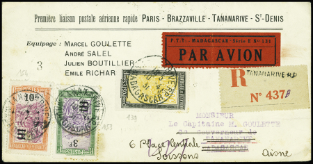 Madagascar n°139 + 153 + 154 obl Tananarive (10.4.31) sur env spéciale Goulette à en-tête "Première liaison postale aérienne rapide Paris - Brazzaville - Tananarive - St Denis"